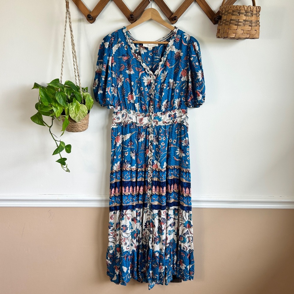 Nurture by Westbound Blue Floral Tiered Smocked Midi Dress Short Puff Sleeve M
